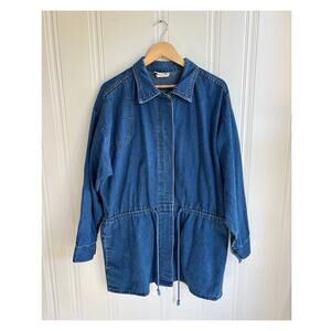 Vintage Avon Style Jean Hidden Button Adjustable Waist Duster Coat Women's Large